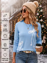 Women's Pullover Sweater with 3D Bow Appliqué Embroidery, Round Neck, Long Sleeves, Regular Fit, Casual Daily — view 1