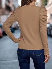 Solid Color Round Neck Long Sleeve Top — view 2