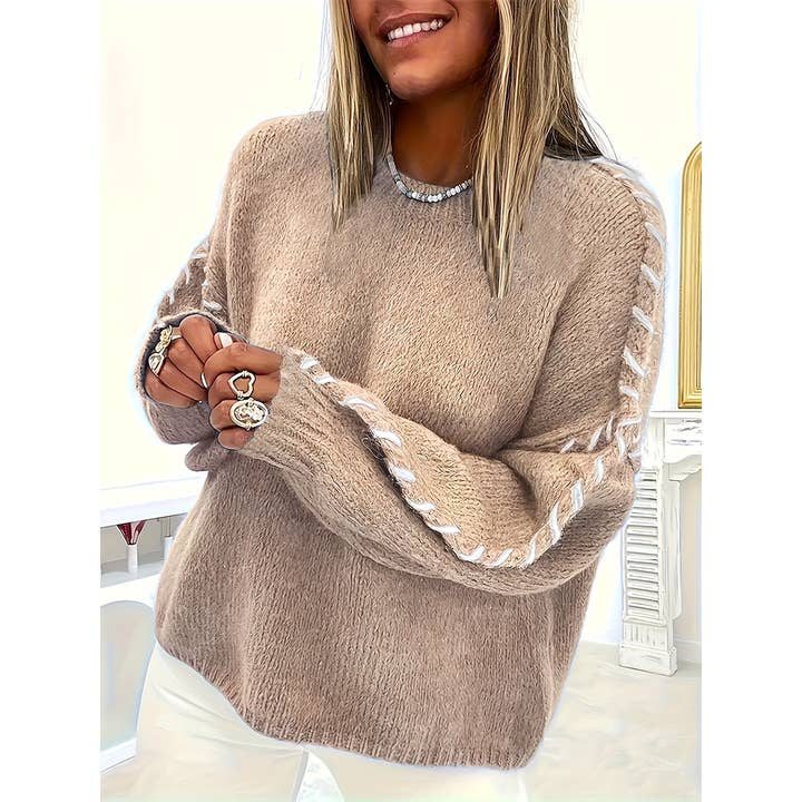 Autumn Casual Color Block Crew Neck Pullover Top ZK3768