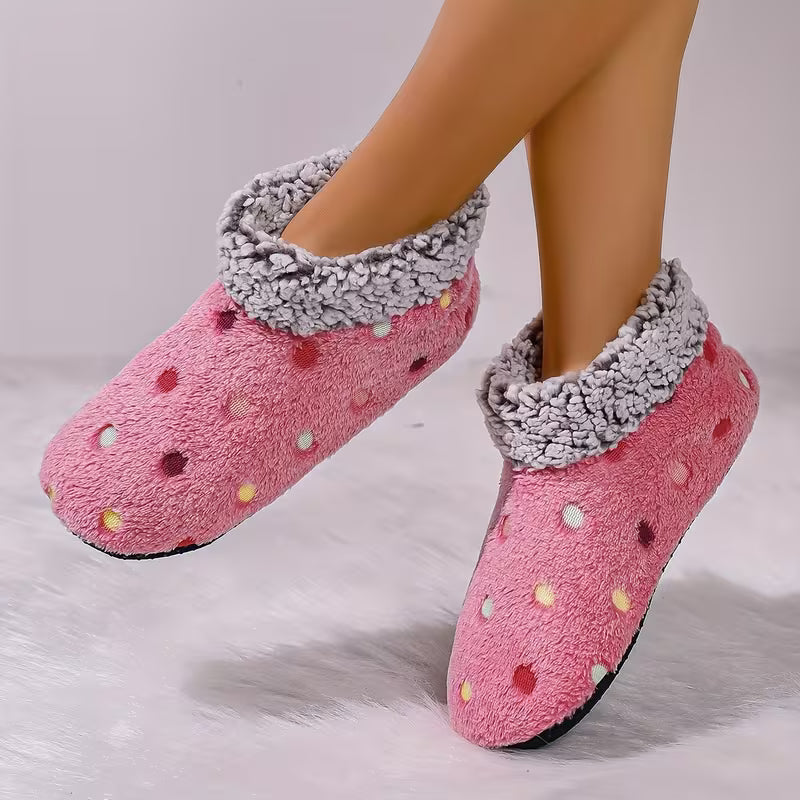 Women'S Comfortable Indoor Short Boots - Black Soft Sole with Colorful Polka Dot Pattern, Warm Fleece Lining — view 11