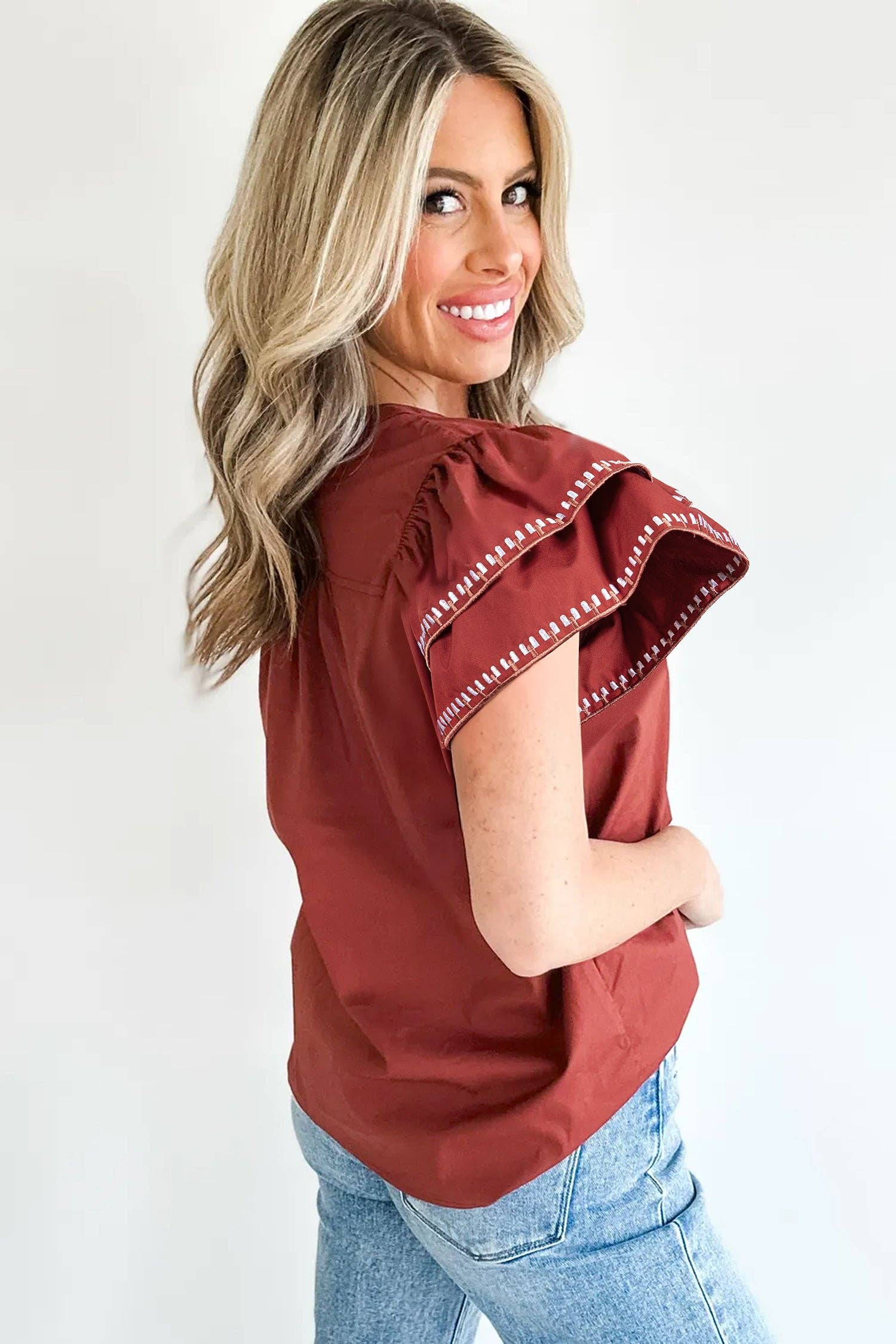 Embroidered Cotton Blouse Boho Flutter Sleeve Top