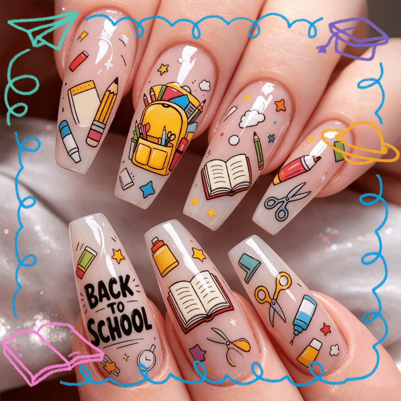72pcs Long Ballet Press-On Nails, Back to School Nude Design with School Bag, Book, Pencil, Scissors & 'Back to School' Print, Glossy Smooth End, Durable And Easy to Apply, Reusable False Nails for Students, Daily And Casual Wear