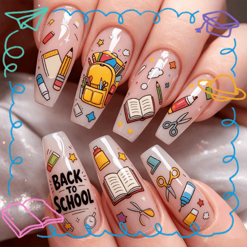 72pcs Long Ballet Press-On Nails, Back to School Nude Design with School Bag, Book, Pencil, Scissors & 'Back to School' Print, Glossy Smooth End, Durable And Easy to Apply, Reusable False Nails for Students, Daily And Casual Wear