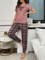 [Love Print Pajama Set] Women's Casual Pajama Set, Love & Plaid Print | Short Sleeves, Long Pants & Leggings — view 4