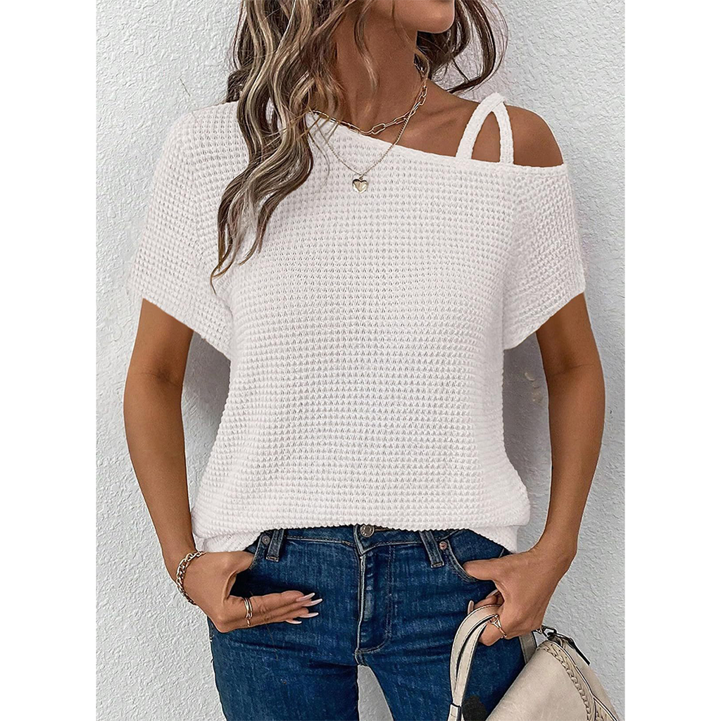 Short Sleeve Color Versatile Off-Shoulder Knit Top AXY048