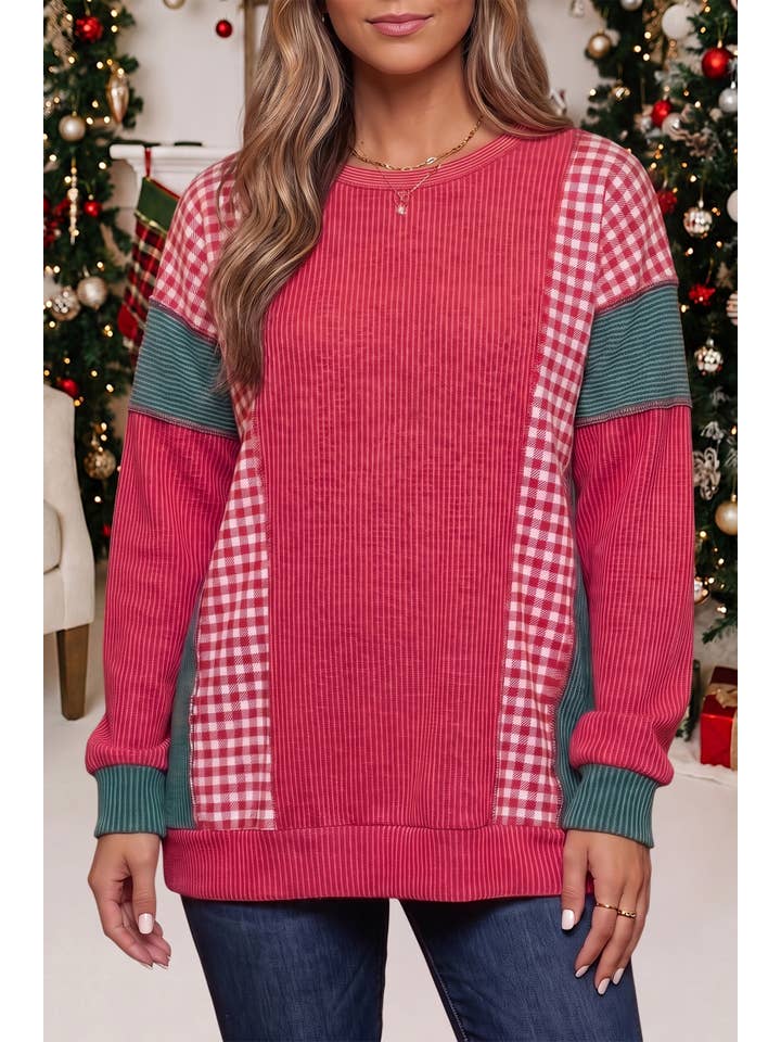 Plaid Colorblock Christmas Twist Rib Long Sleeve Top | S-Xl — view 3