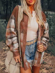 Plaid Print Drop Shoulder Jacket, Casual Lapel Neck Long Sleeve Button Front Jacket For Fall & Spring, Women's — view 2
