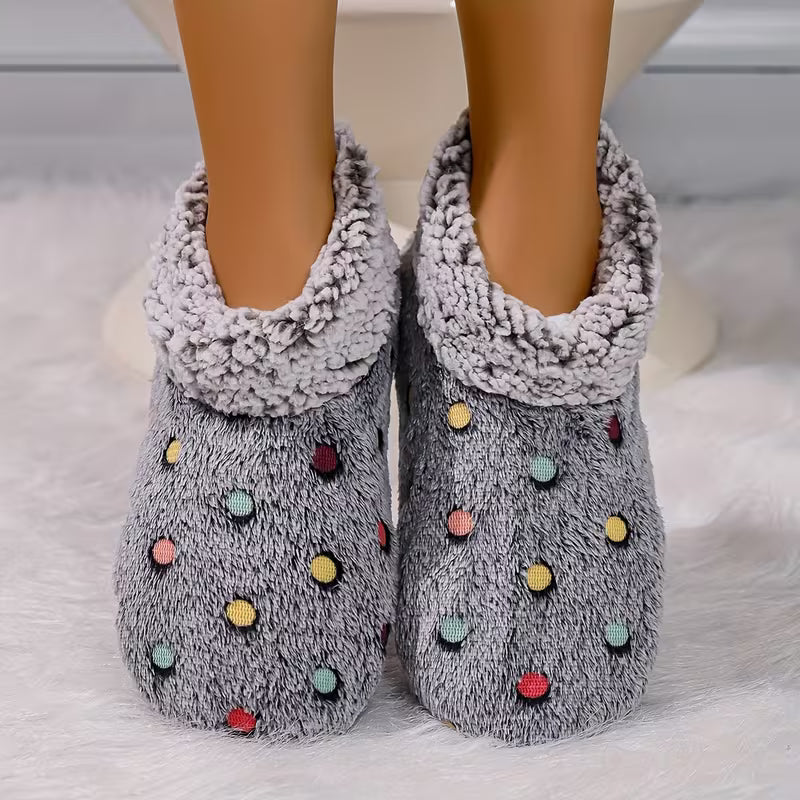Women'S Comfortable Indoor Short Boots - Black Soft Sole with Colorful Polka Dot Pattern, Warm Fleece Lining — view 13