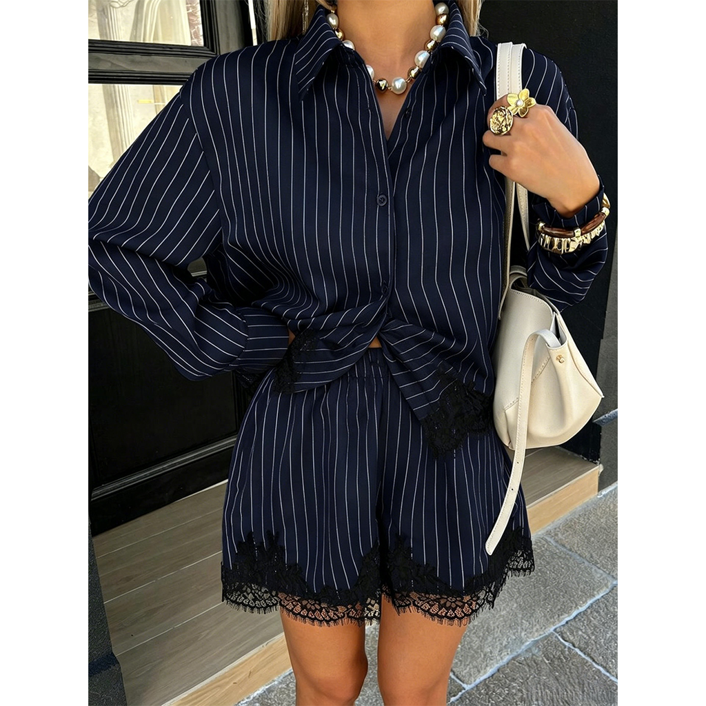 Lace Patchwork Shirt Drawstring Shorts 2-Piece Set GZDY067
