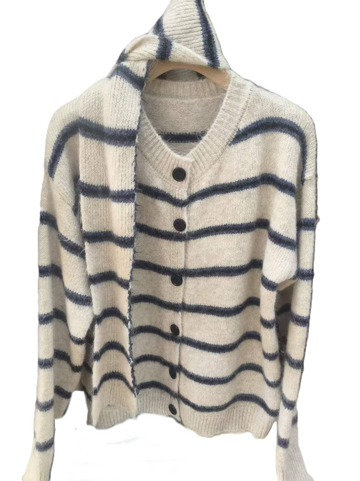 Women's College-Style Striped Knit Cardigan with Scarf