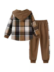 2pcs Autumn And Winter Boys' Fashion Set: Hooded Plaid Shirt + Jogger Pants, Trendy Casual Outdoor Sportswear — view 1