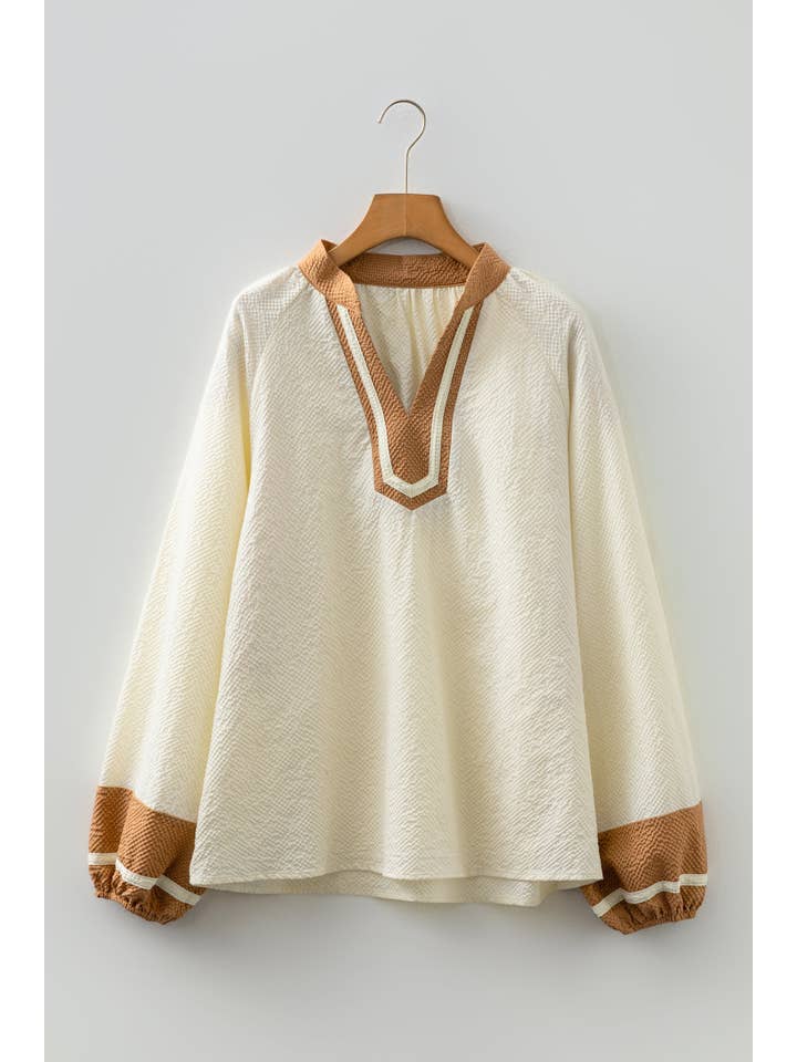 PRETTY BASH Colorblock V-Neck Textured Long Sleeve Blouse