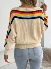 Autumn And Winter Casual Vacation Women'S Sweater Rainbow Stripe Slanted Shoulder Long Sleeved Pullover — view 3