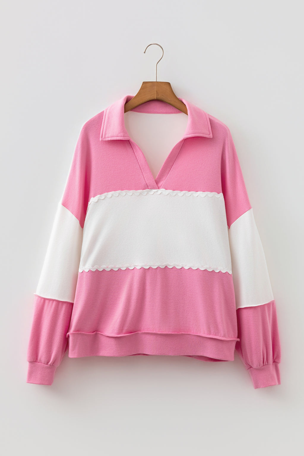 Rose Red Color Block Ricrac Trim Patchwork Collar V Neck Long Sleeve Top