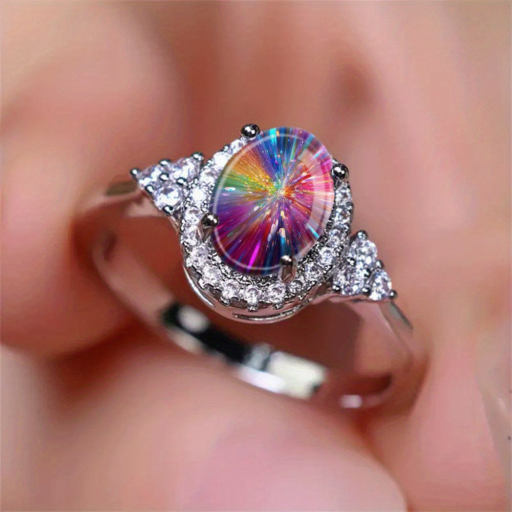 Multicolor Iridescent Rainbow Beam Impact Engagement Ring