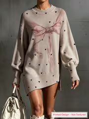 [Lightweight Sweater] Fashion Women'S Long Sleeve Pullover, Round Neck Design, Bow Heart Print, Lantern Long — view 2