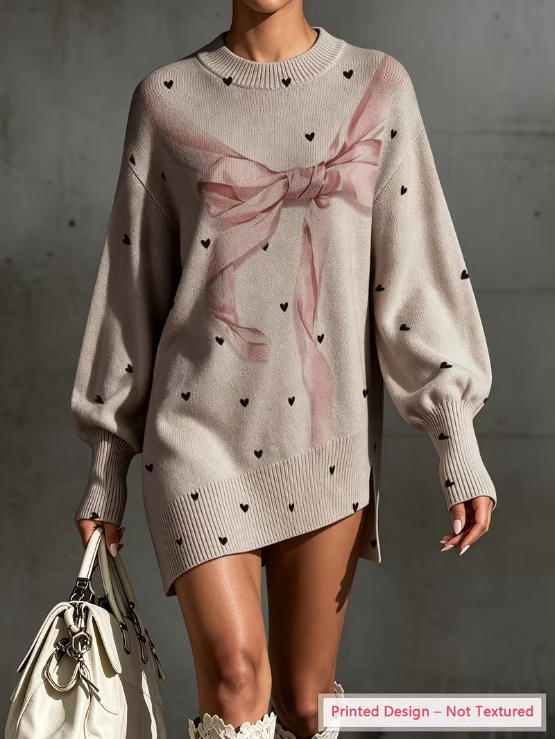 [Lightweight Sweater] Fashion Women'S Long Sleeve Pullover, Round Neck Design, Bow Heart Print, Lantern Long — view 9