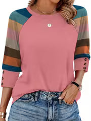 Women's 3/4 Sleeve Long Top, Fashionable Loose Fit Casual Color Block Basic Shirt, Elegant and Comfortable Round — view 3