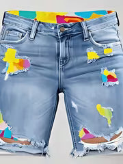 The Last Warm Weekend | Colour-Block Ripped Denim Shorts with Fitness Running Lining