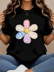 Faux Patchwork Flower Shirt Floral Faux Quilted Graphic Print Only Not a Patch Vintage Daisy Woman T Shirt — view 1
