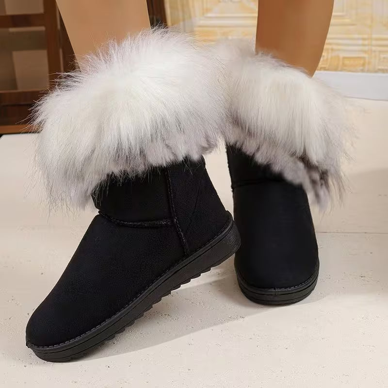 Women'S Winter Thick faux fur-Trimmed Snow Boots, Sandblasted, Warm Mid-Calf Boot, Multi-Color Fringe Trim — view 13