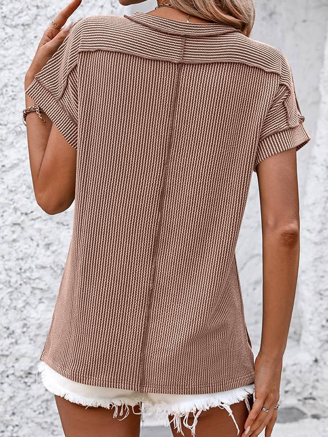 Ribbed Knitting Stitching Outside Round Neck Top MD121