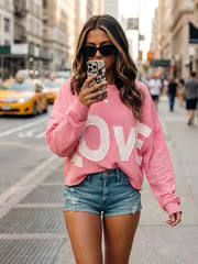 "LOVE" Three-dimensional Pattern Stitching Round Neck Casual Sweatshirt, Applique Loose Shoulder Top, Side Slit — view 6