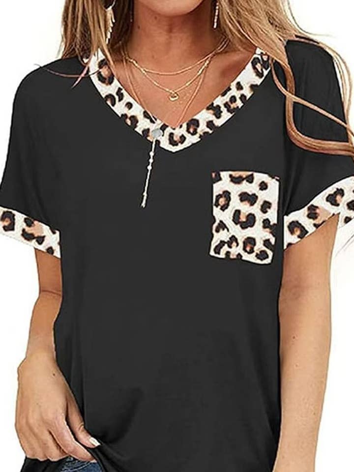 Loose Plus Size Leopard Print V-Neck Short Sleeve Top ZK3020
