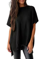 Casual Loose Solid Color Pullover Sweater, Fluffy Short Sleeve, Round Neck with Side Slit, Women'S, Single — view 3