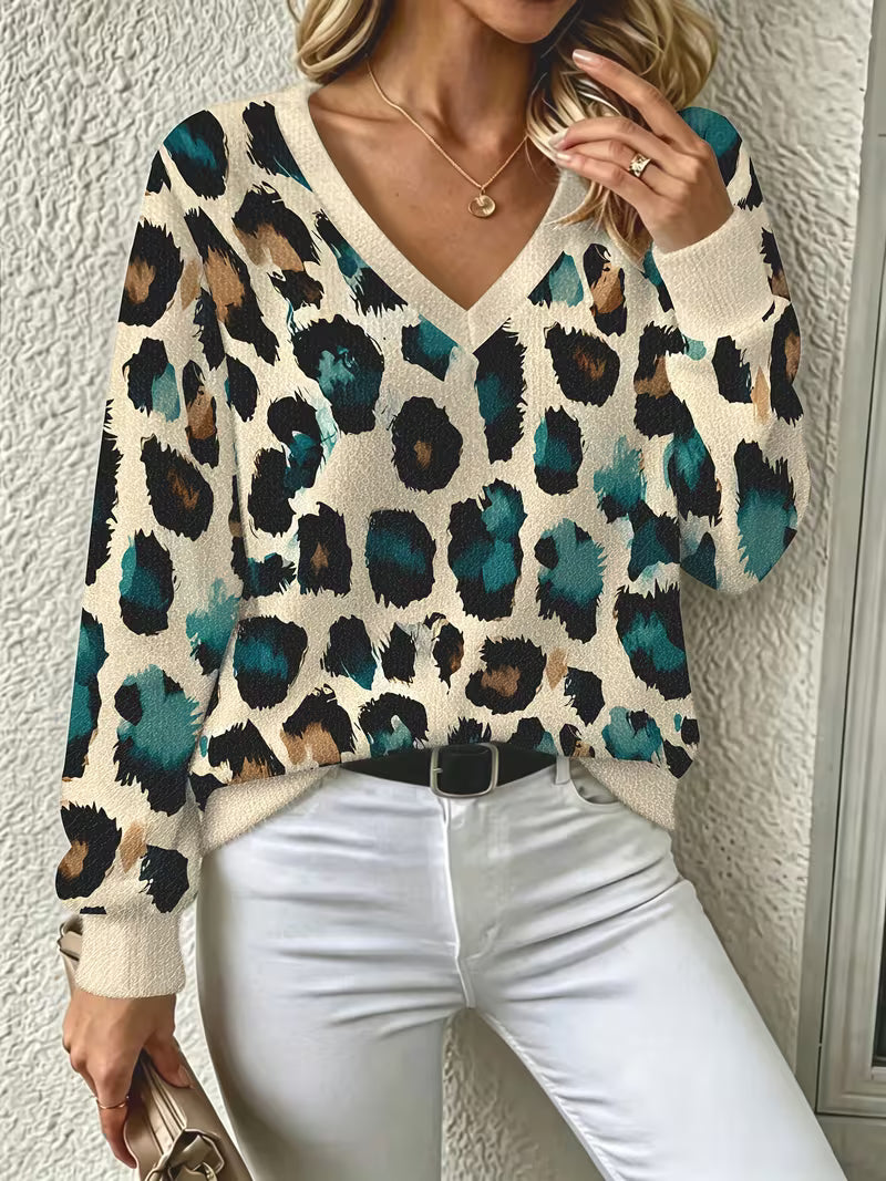 Women's Fall Winter New Thick Printed Loose V Neck Pullover Fashion Casual Long Sleeve Warm Top Versatile Slim — view 7