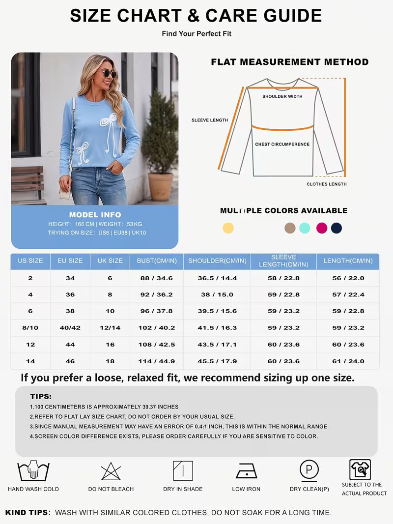 Women's Pullover Sweater with 3D Bow Appliqué Embroidery, Round Neck, Long Sleeves, Regular Fit, Casual Daily — view 10