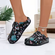 Women's Unique Black Printed Flat Mules, Adjustable Buckle, Lightweight, Casual, Versatile Nurse Shoes, High — view 2