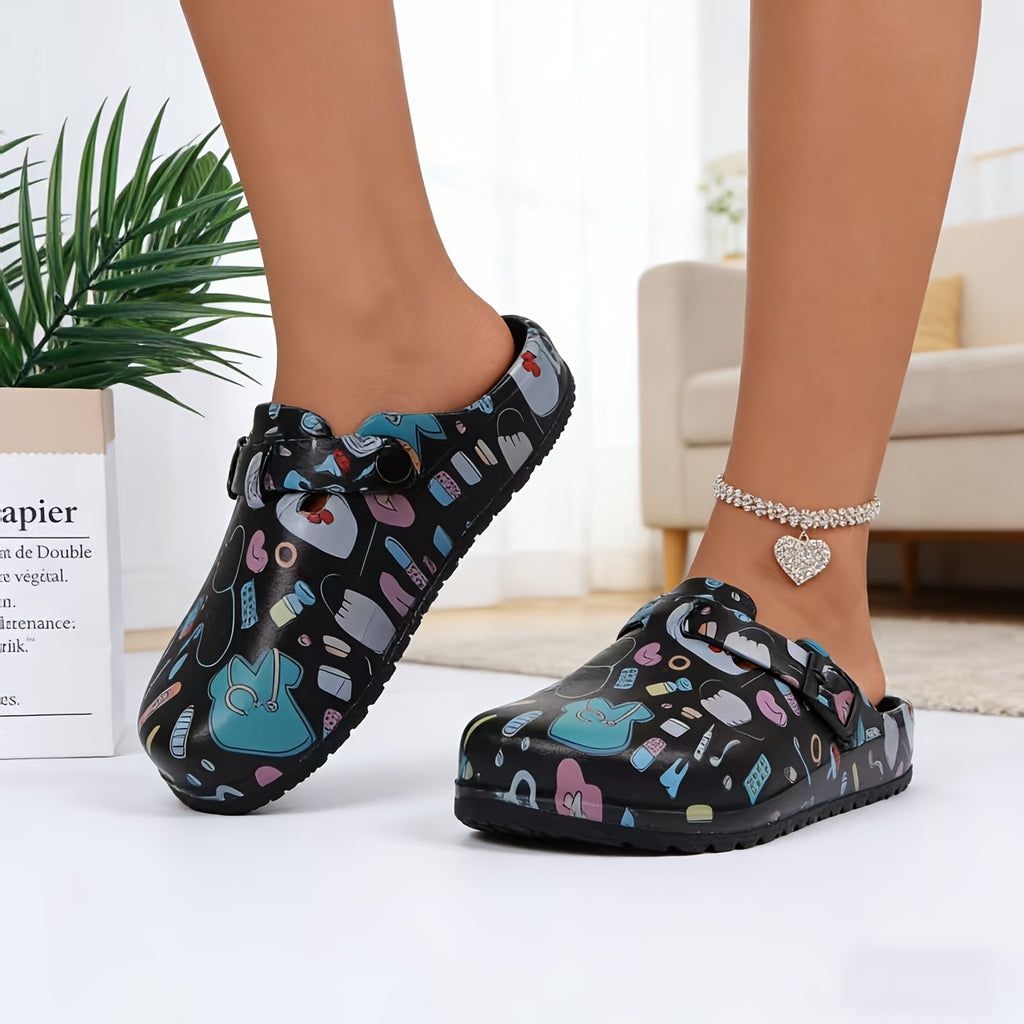 Women's Unique Black Printed Flat Mules