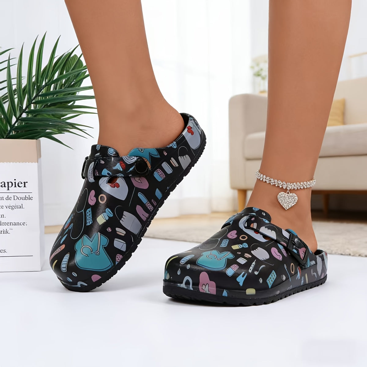 Women's Unique Black Printed Flat Mules