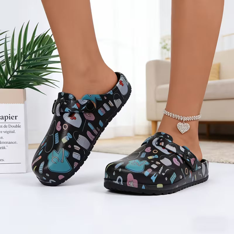 Women's Unique Black Printed Flat Mules, Adjustable Buckle, Lightweight, Casual, Versatile Nurse Shoes, High — view 6