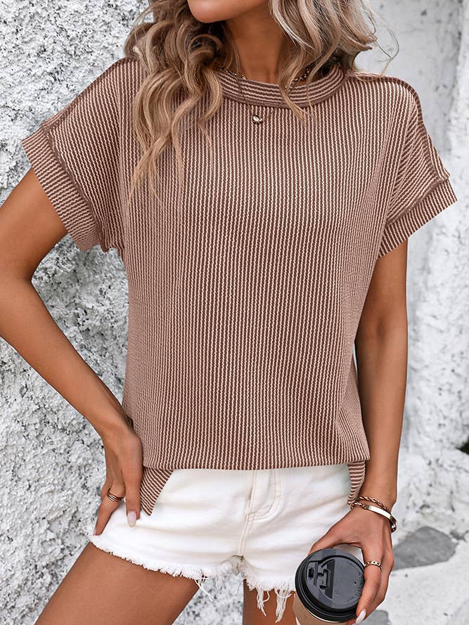 Ribbed Knitting Stitching Outside Round Neck Top MD121