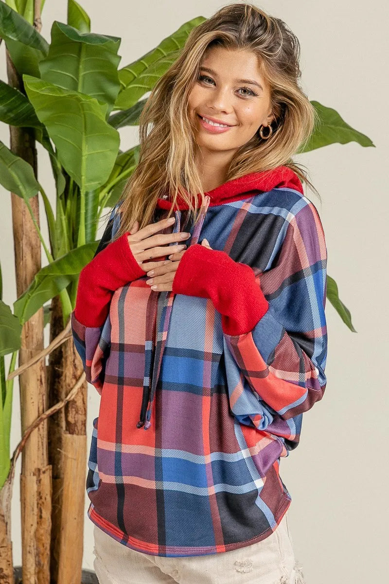 BiBi Plaid Mirr Brushed Rib Contrast Thumb Open Hoodie