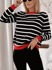 Elegant Color-Block Striped Sweater - Soft Round Neck Pullover with Horizontal Stripes, Medium Stretch Suitable — view 3