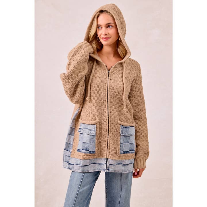 Washed Checker Denim Mix and Match Sweater Hoodie