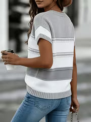 Loose Short Sleeve Round Neck Color-Block T-Shirt Breathable Hollow-Out - Fit -Compatible Top | Striped Suitable — view 4
