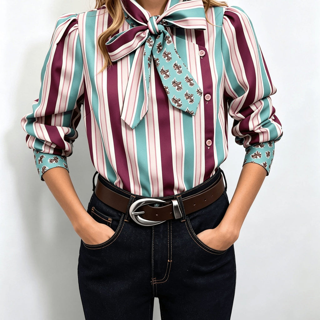 Striped Bow Tie Blouse with Contrast Collar And Cuffs