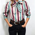 Striped Bow Tie Blouse with Contrast Collar And Cuffs