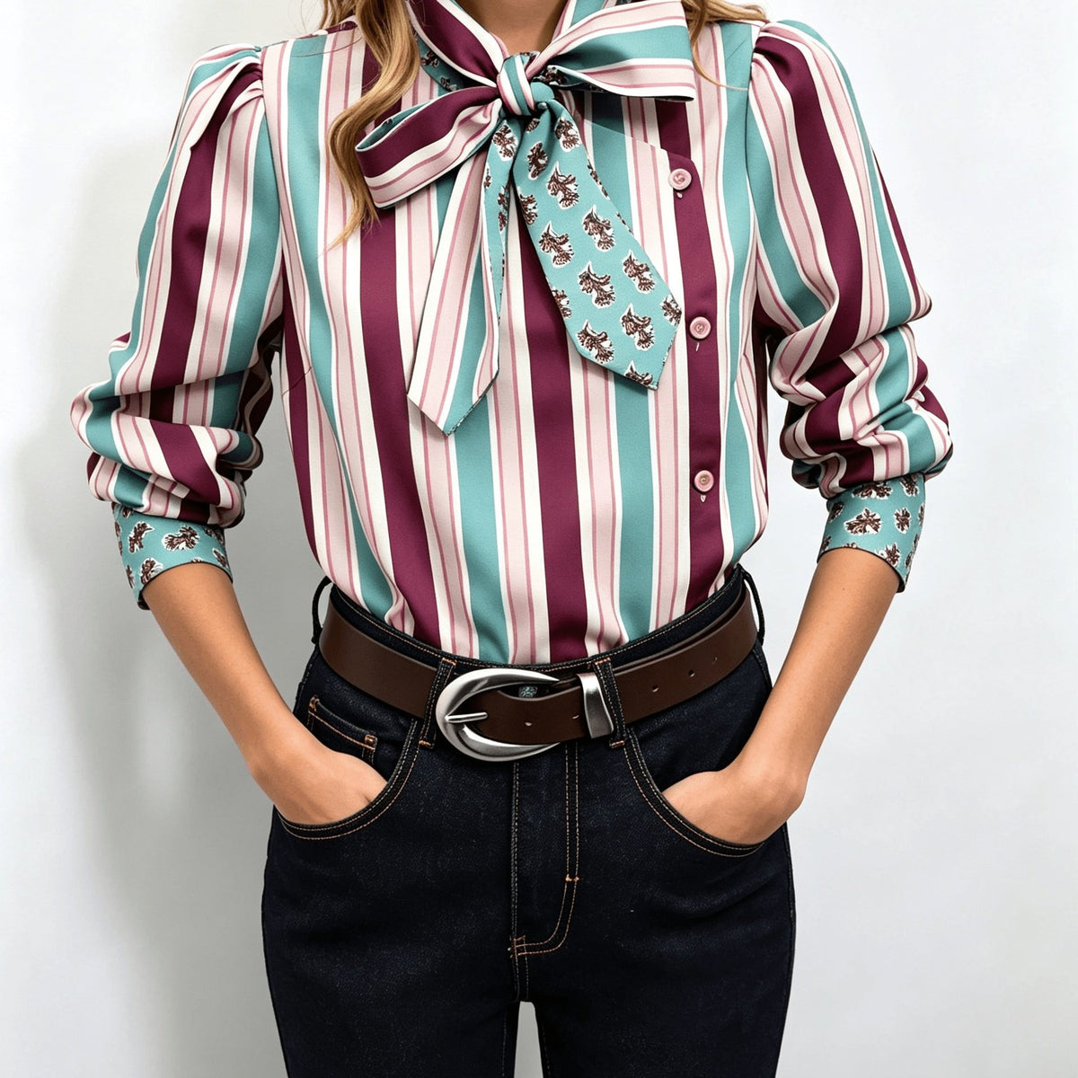 Striped Bow Tie Blouse with Contrast Collar And Cuffs