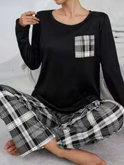 Autumn and Winter Chest Plaid Pocket Long Sleeve Top and Plaid Pants Pajama 2pcs Set — view 3