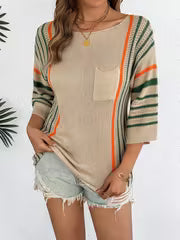 Spring Summer Casual Elegant Round Neck Color Block Stripe Pocket Pullover Woman Loose Hollow Out Tops — view 3