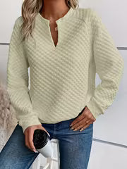 2026 Fall Women Textured Knit Top Long Sleeve Notch Neck Cream Soft Cozy Casual Daily Wear Layering Trendy — view 8