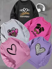 5pcs, Autumn/Winter Girls' Crew Neck Sweatshirt with Vintage Heart Print, Suitable for Casual Daily Wear — view 1