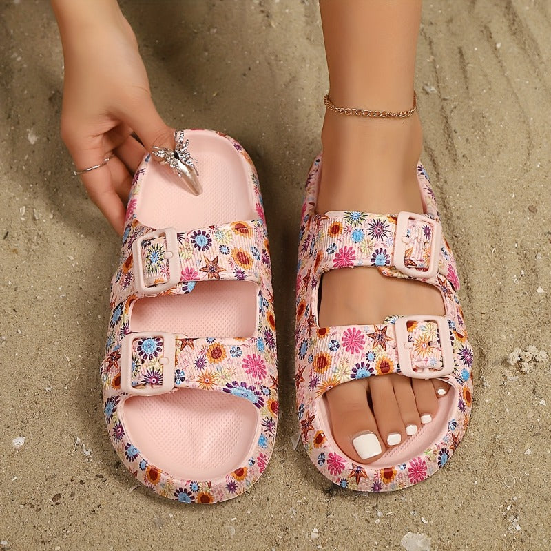Casual Summer Slippers for Women Featuring a Floral Design, with a Single Strap., Women Shoes