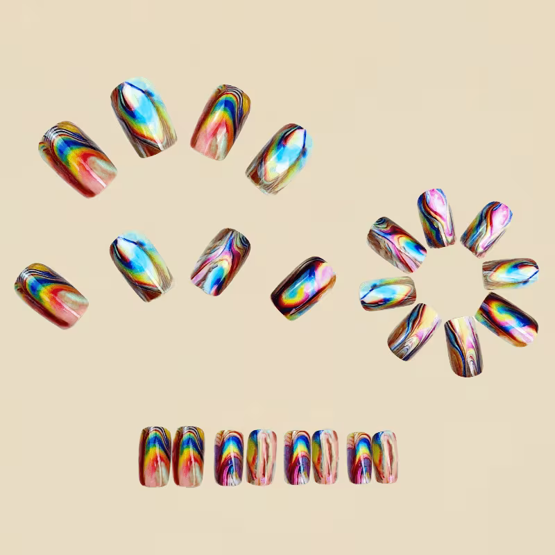 48pcs of Holographic Marble Square Press-On Nails, Featuring Iridescent Rainbow Marble Designs, Shiny Metallic — view 7