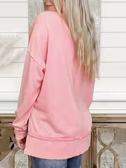 "LOVE" Three-dimensional Pattern Stitching Round Neck Casual Sweatshirt, Applique Loose Shoulder Top, Side Slit — view 7